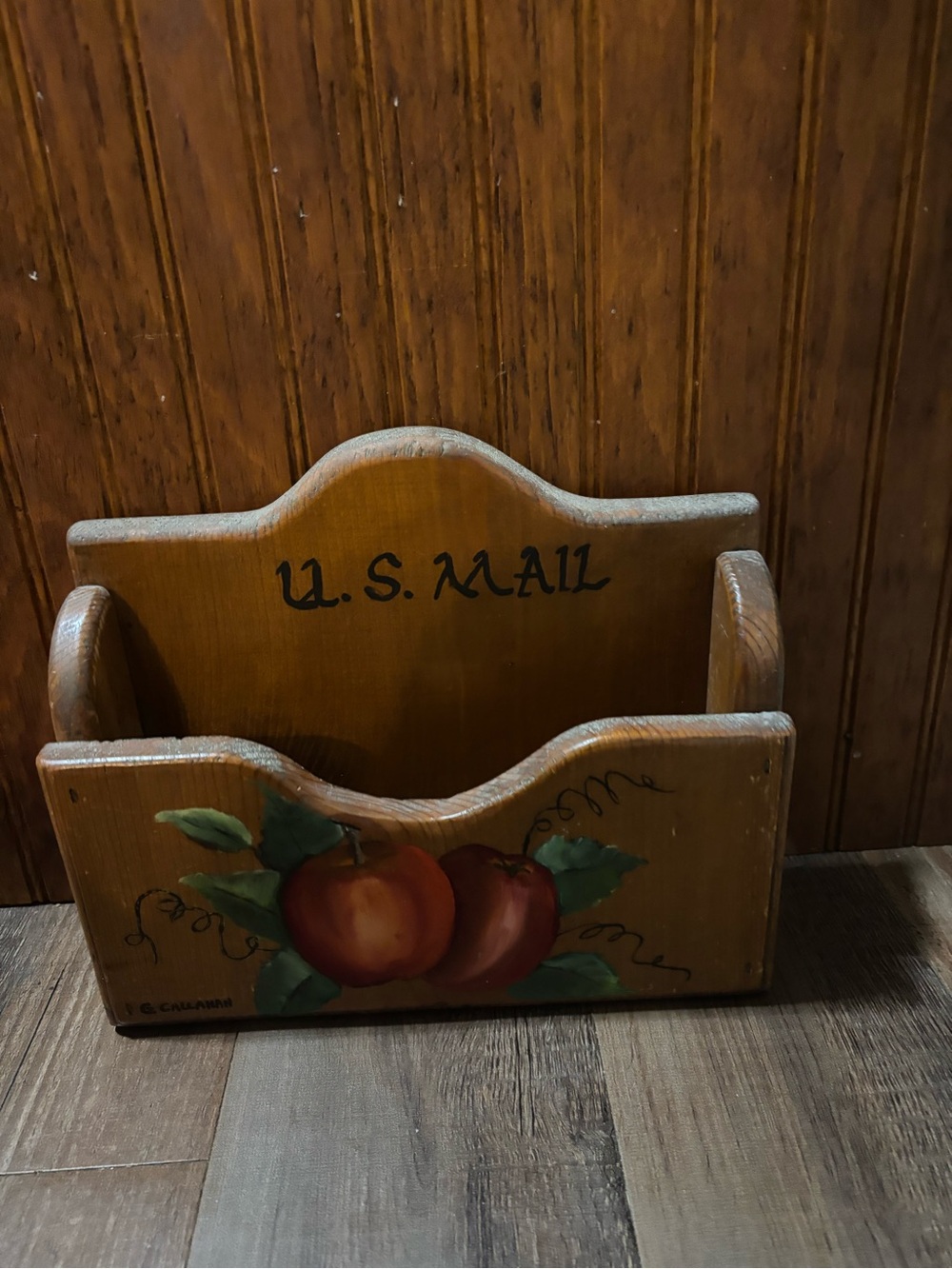 U.S. Mail Wooden Wall Organizer in Brown with Painted Fruit